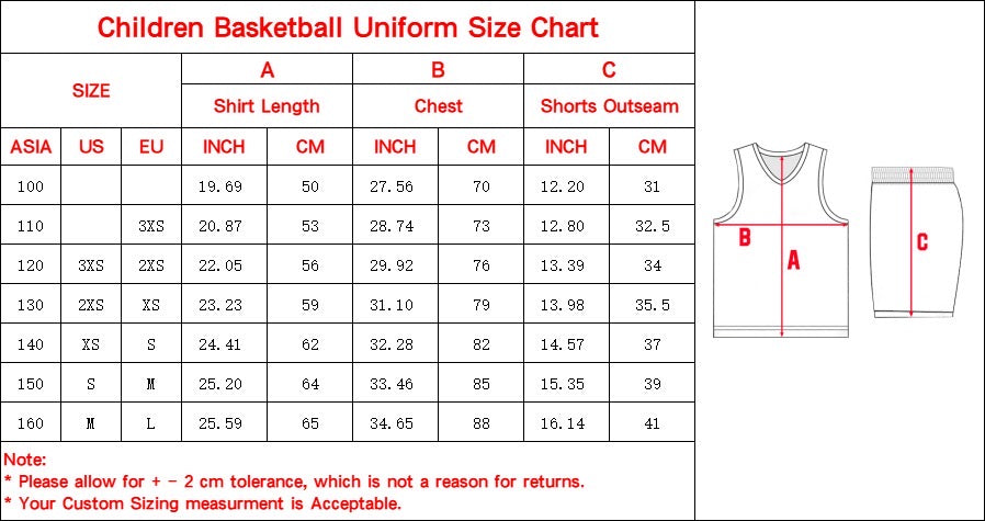 Guide des tailles maillot de basket enfant